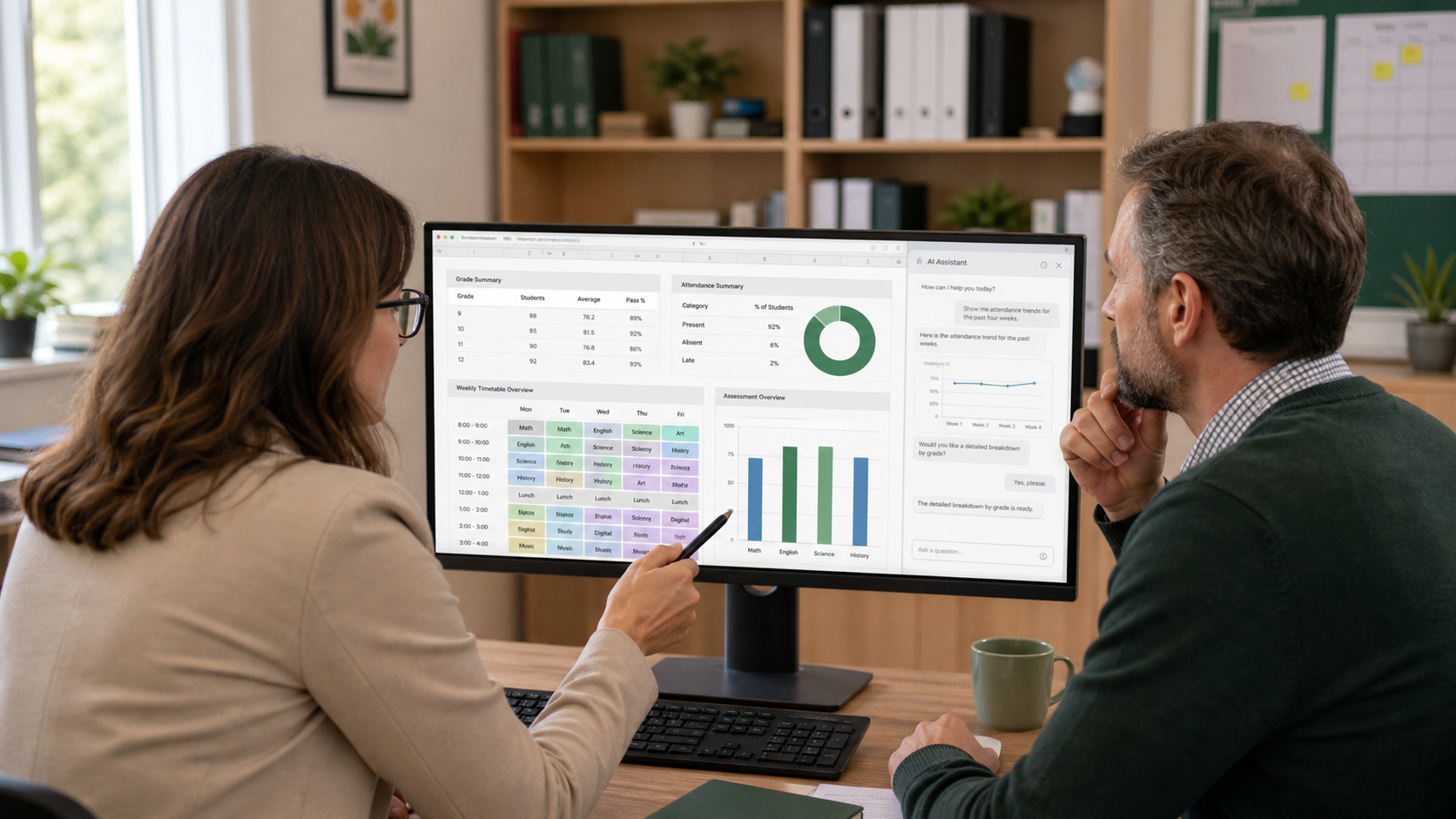 Teachers and school administrators reviewing grades, attendance, schedules, and reports with a conversational spreadsheet assistant