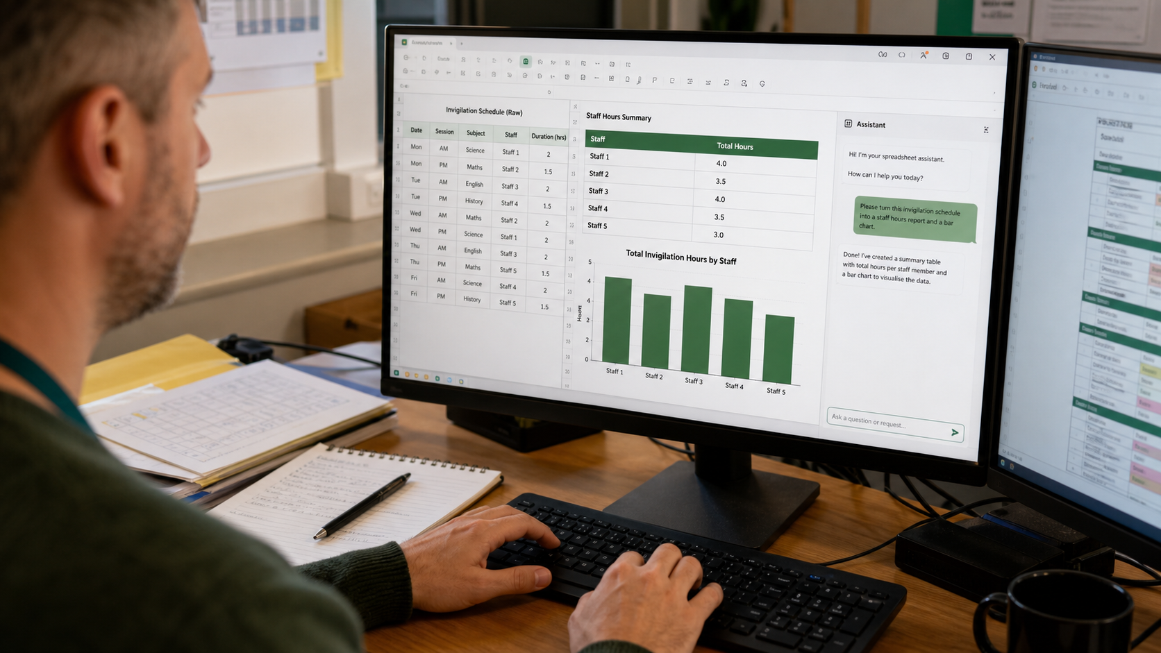 A teacher turns an invigilation schedule into a checked staff-hours summary and bar chart with a conversational spreadsheet assistant